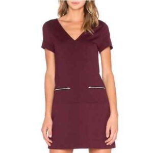 Sanctuary Short Sleeve V-Neck Mini Dress XS Burgundy Zipper Accents